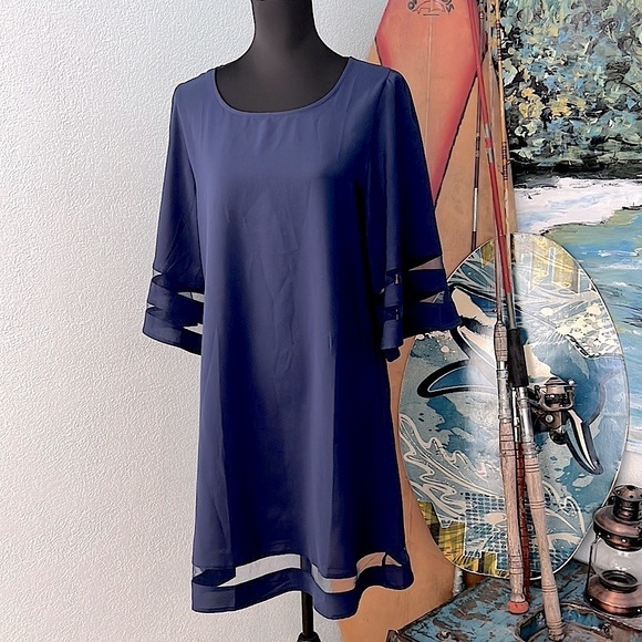 ⭐️Lightweight, Navy Blue Dress, Dress Up or Down, Lovely, Sheer Striped Hems, L - Picture 3 of 10